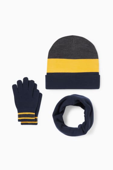 Niños - Set - gorro, bufanda tubular y guantes - 3 piezas - azul oscuro