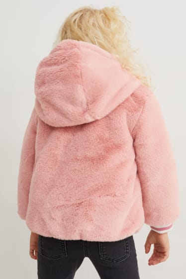 Dětské - Bunda z umělé kožešiny s kapucí - růžová