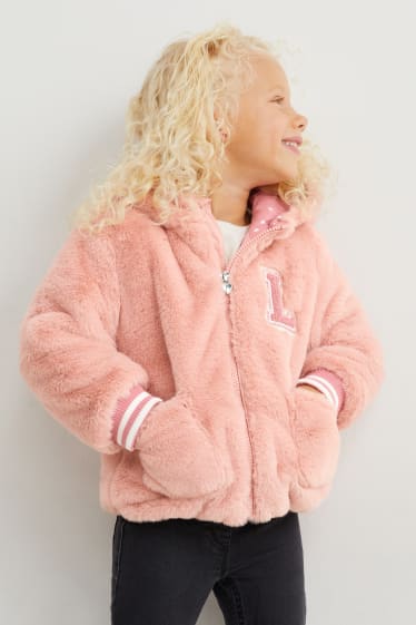 Kinder - Kunstfell-Jacke mit Kapuze - rosa