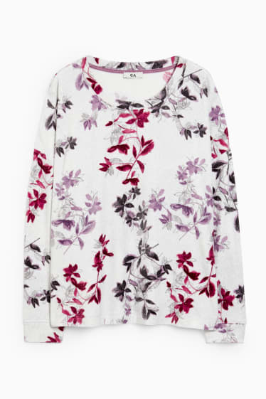 Dames - Pyjamashirt van velours - gebloemd - lichtgrijs