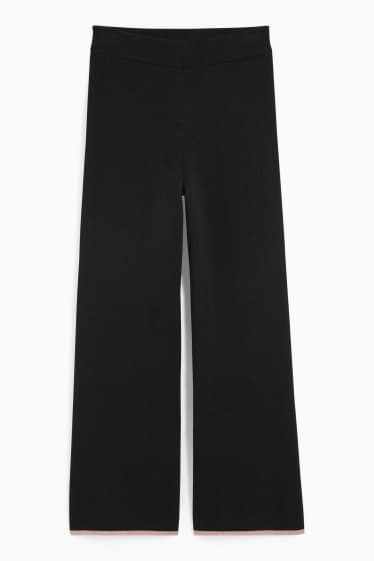 Dámské - Pletené kalhoty - mid waist - wide leg - vlněná směs - černá