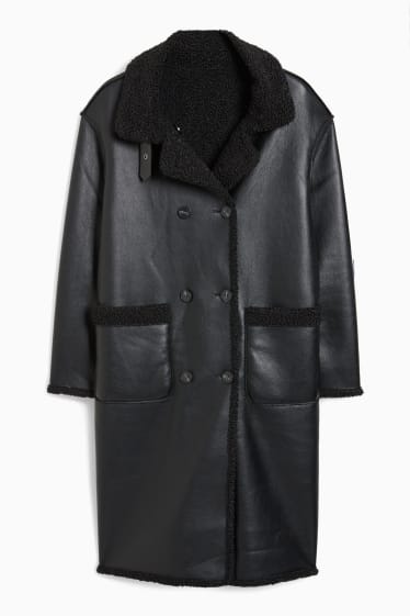 Damen - Wende-Mantel - Lederimitat - schwarz