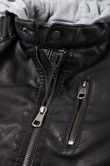 Kinder Buben - Bikerjacke mit Kapuze - Lederimitat - schwarz