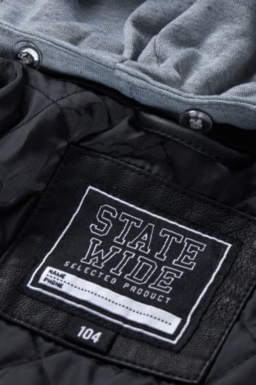 Kinder Buben - Bikerjacke mit Kapuze - Lederimitat - schwarz