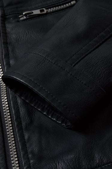 Kinder Buben - Bikerjacke mit Kapuze - Lederimitat - schwarz