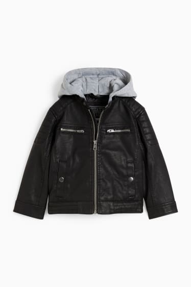 Kinder Buben - Bikerjacke mit Kapuze - Lederimitat - schwarz