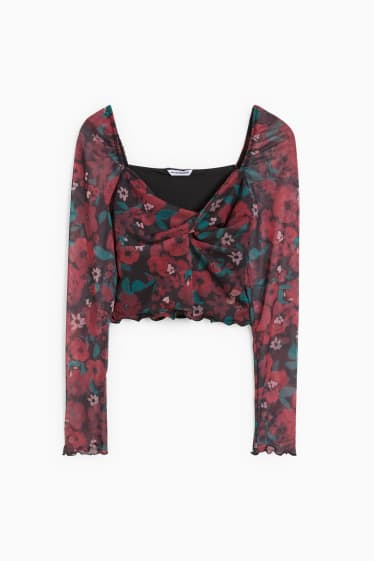 Damen - Crop Langarmshirt - geblümt - schwarz
