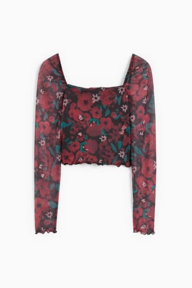 Damen - Crop Langarmshirt - geblümt - schwarz