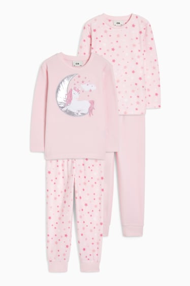 Enfants - Lot de 2 - licorne - pyjama en polaire - 4 pièces - rose