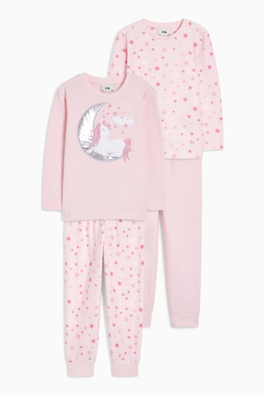 Bambini - Confezione da 2 - unicorno - pigiama di pile - 4 pezzi - rosa