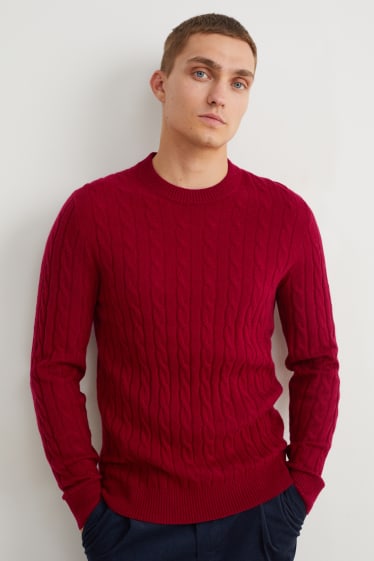 Mężczyźni - Sweter z dodatkiem kaszmiru - miks wełniany - warkoczowy wzór - ciemnoczerwony