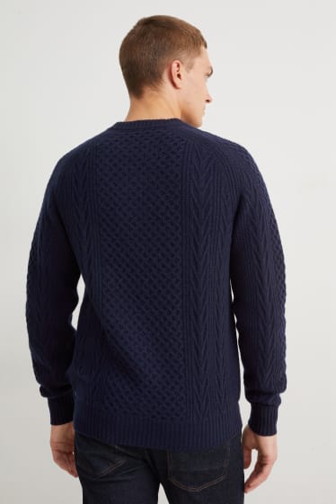 Heren - Trui met kasjmiergehalte - wolmix - kabelpatroon - donkerblauw