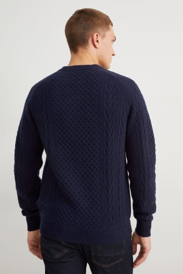 Men - Jumper with cashmere - wool blend - cable knit pattern - dark blue