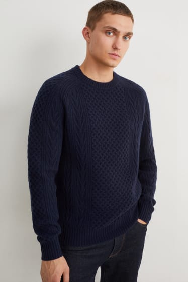 Men - Jumper with cashmere - wool blend - cable knit pattern - dark blue
