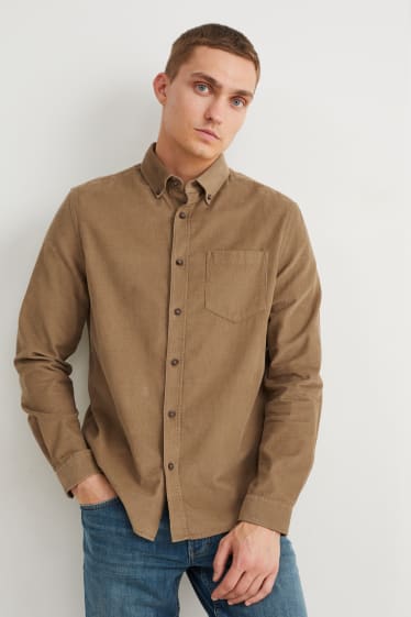 Hommes - Chemise en velours côtelé - regular fit - col button-down - taupe