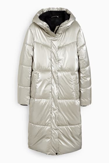 Women - Quilted coat with hood - silver