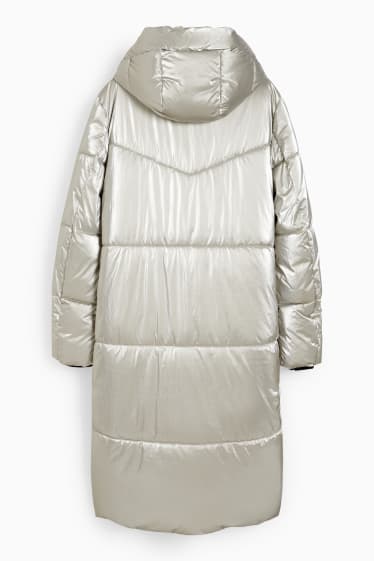 Women - Quilted coat with hood - silver