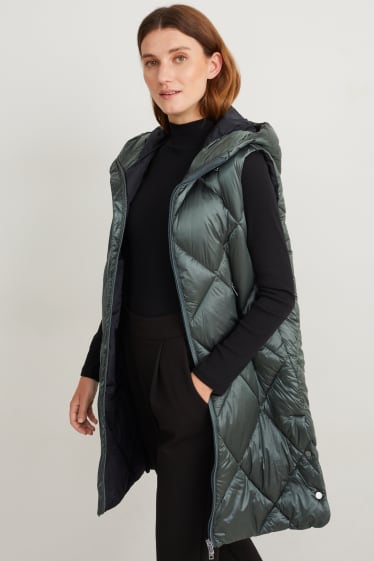 Women - Long quilted gilet with hood - green