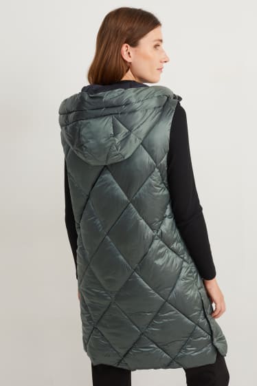Women - Long quilted gilet with hood - green