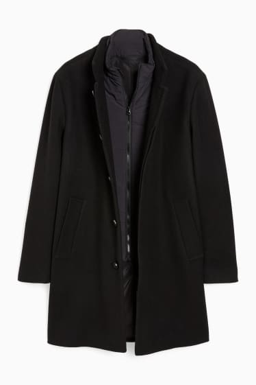 Pánské - Kabát - vzhled 2 v 1 - vlněná směs - černá