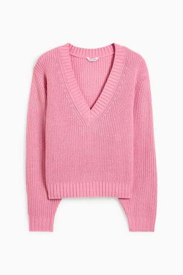Dámské - CLOCKHOUSE - svetr s výstřihem ve tvaru V - růžová