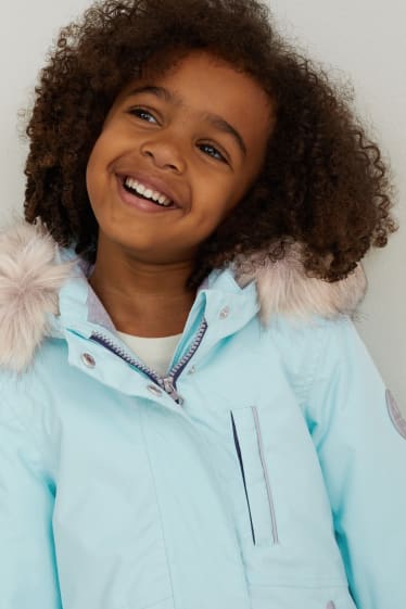 Dětské - Nepromokavá bunda s kapucí a límcem z umělé kožešiny - mátově zelená