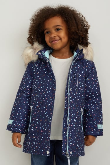 Children - Rain jacket with hood and faux fur trim - patterned - dark blue