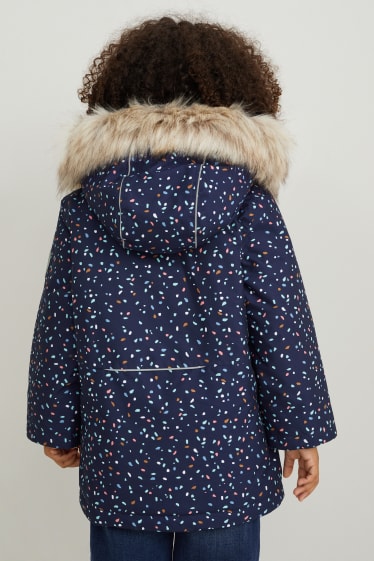 Children - Rain jacket with hood and faux fur trim - patterned - dark blue