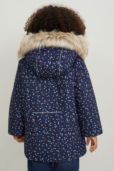 Kinder Mädchen - Regenjacke und Kunstfellbesatz - wasserdicht - gemustert - dunkelblau