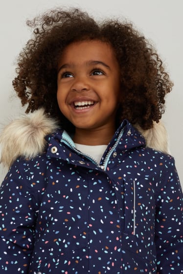 Children - Rain jacket with hood and faux fur trim - patterned - dark blue