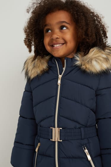 Niños - Chaqueta acolchada con capucha y pelo sintético - azul oscuro