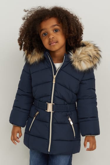 Kinderen - Gewatteerde jas met capuchon en imitatiebontrandje - donkerblauw