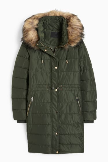 Donna - Cappotto trapuntato con cappuccio e riporto di ecopelliccia. - verde scuro