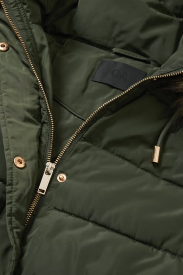 Donna - Cappotto trapuntato con cappuccio e riporto di ecopelliccia. - verde scuro