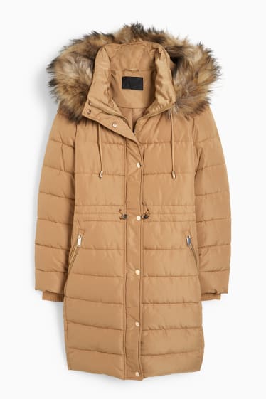 Women - Quilted coat with hood and faux fur trim - light brown