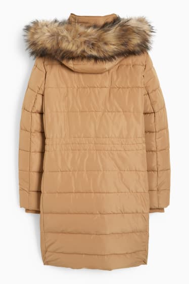 Women - Quilted coat with hood and faux fur trim - light brown