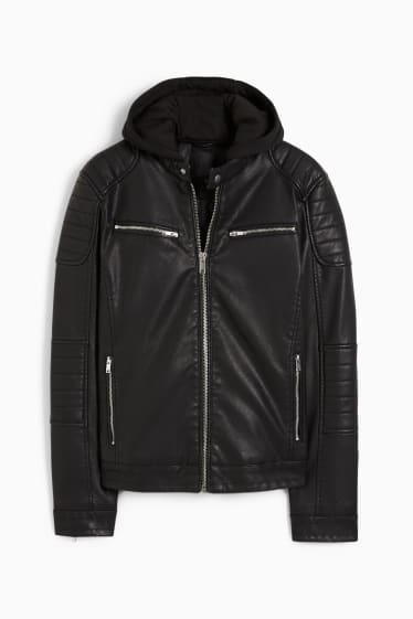 Men - Biker jacket with hood - faux leather - black