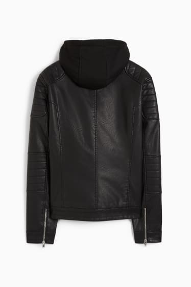 Men - Biker jacket with hood - faux leather - black