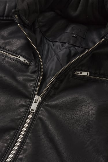 Men - Biker jacket with hood - faux leather - black