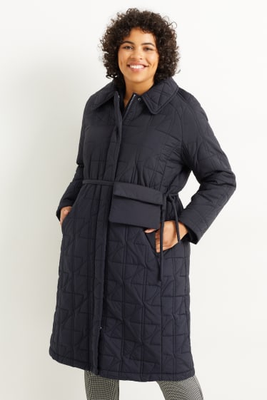 Dames - Gewatteerde mantel met heuptasje - zwart