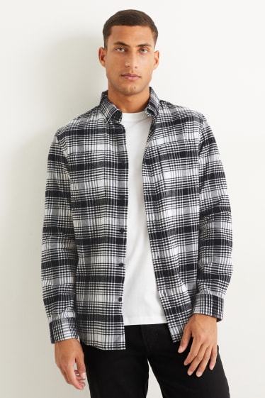 Pánské - Košile - regular fit - button-down - kostkovaná - černá/bílá