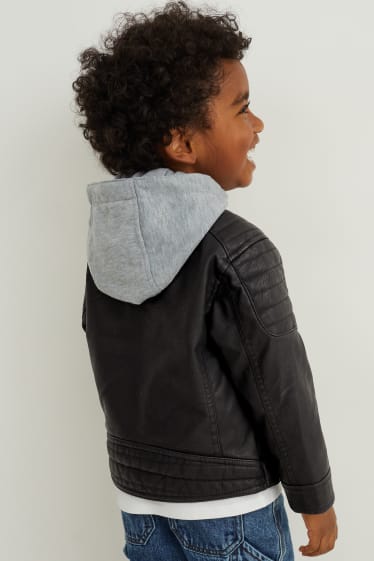 Kinder Buben - Bikerjacke mit Kapuze - Lederimitat - schwarz