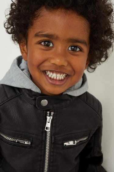 Kinder Buben - Bikerjacke mit Kapuze - Lederimitat - schwarz