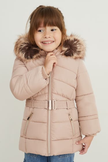 Kinderen - Gewatteerde jas met capuchon en rand van imitatiebont - lichtbruin