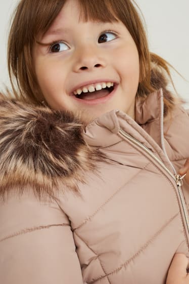 Kinderen: meisjes - Gewatteerde jas met capuchon en rand van imitatiebont - lichtbruin