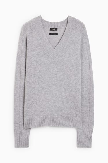 Damen - Pullover mit V-Ausschnitt - Woll-Mix - grau