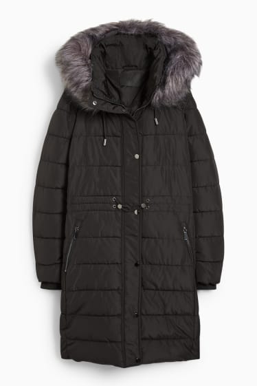 Women - Quilted coat with hood and faux fur trim - black