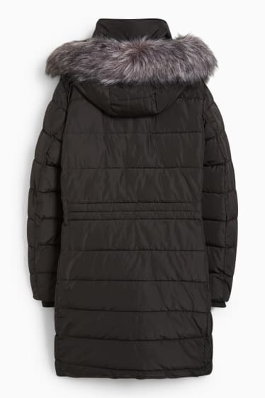 Dámské - Prošívaný kabát s kapucí a límcem z umělé kožešiny - černá