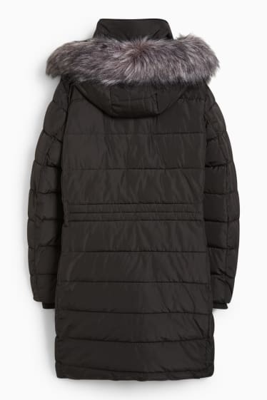 Donna - Cappotto trapuntato con cappuccio e riporto di ecopelliccia. - nero