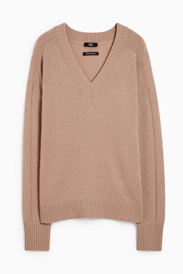 Women - V-neck jumper - wool blend - light beige